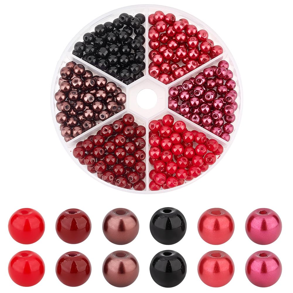PH PandaHall 300pcs 6 Colors Black Red Series Glass Pearls, 6mm Tiny Satin Luster Pearls Beads Round Painted Bracelet Making Beads Kit for Jewellery Making DIY Crafts Necklaces Earrings,