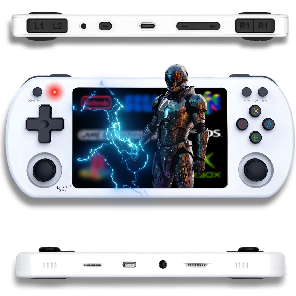Portable Game Console +15,000 Games/4 Inch Full HD High Resolution Screen + 128GB Memory, Linux License 2.0, WiFi, Multiplayer + 4 Rear Triggers R1/L1 R2/L2, Jack Plug + Speakers (White)