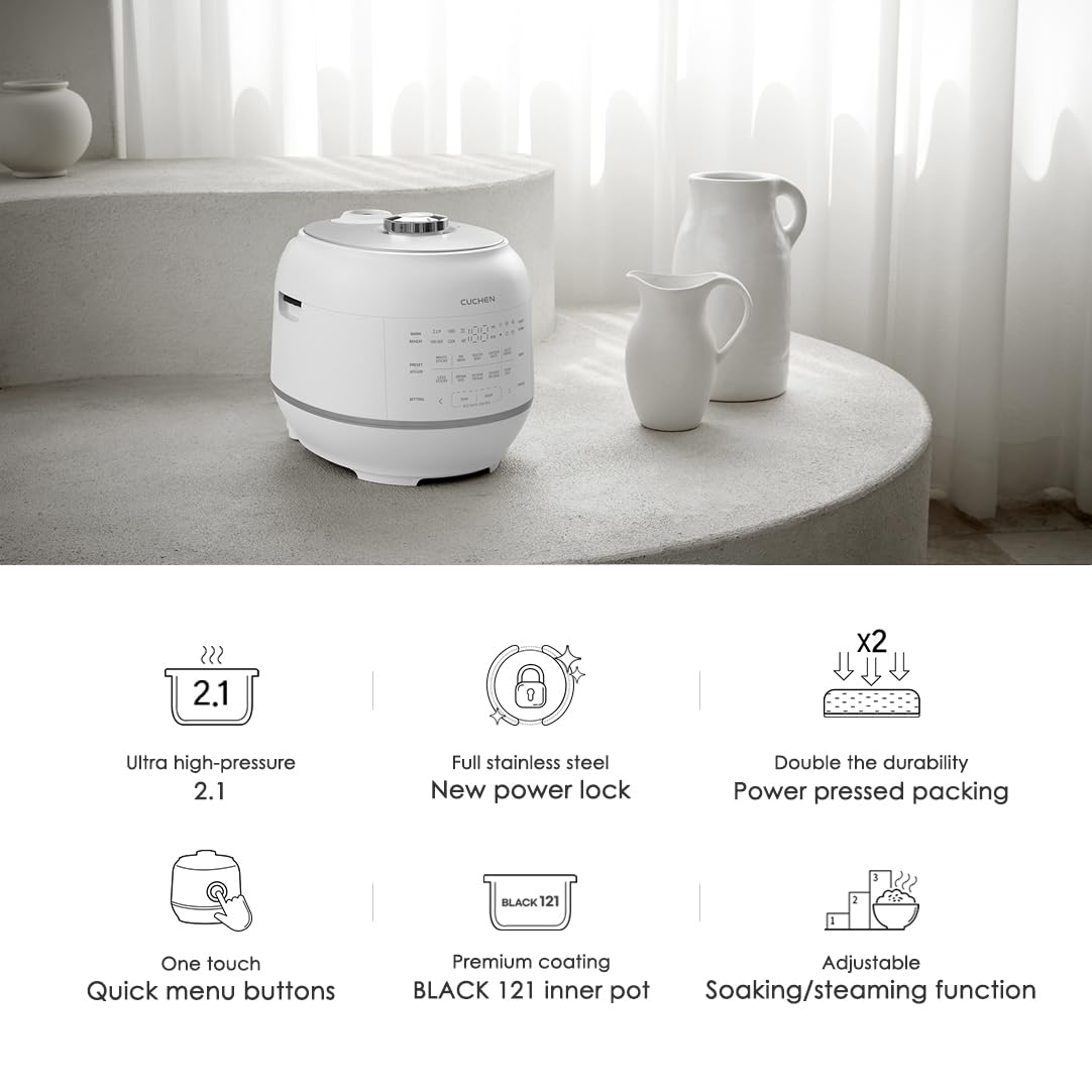 CUCHEN CRT-RPK1070WUS | IH Heating | 2.1 Ultra High-Pressure Induction Heating Rice Cooker 10 Cup (Uncooked) (1.14 quarts): 6 person serving / per use | Full Stainless Power Lock System | Auto Steam Clean | Voice Guide | Made in Korea | White