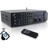 Pyle PMXAKB2000 - 2000 Watts (1000W + 1000W at 4 Ohms) DJ Karaoke Mixer and Amplifier with Built-in Bluetooth - 2 Microphone Inputs with Effects and EQ