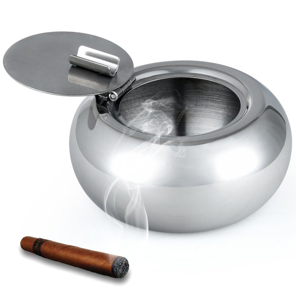 Stainless Steel Cigarette Ashtray with Lid MAXIN Windproof Cigarette Ashtray Smokers Desk Ashtray Ashtray for Home Office Decoration-Silver
