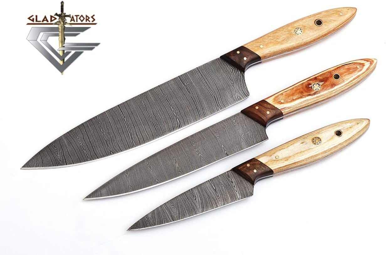 G46Br- Professional Kitchen Knives Custom Made Damascus Steel 3 pcs of Professional Utility Chef Kitchen Knife Set by GladiatorsGuild G46Br (Brown)