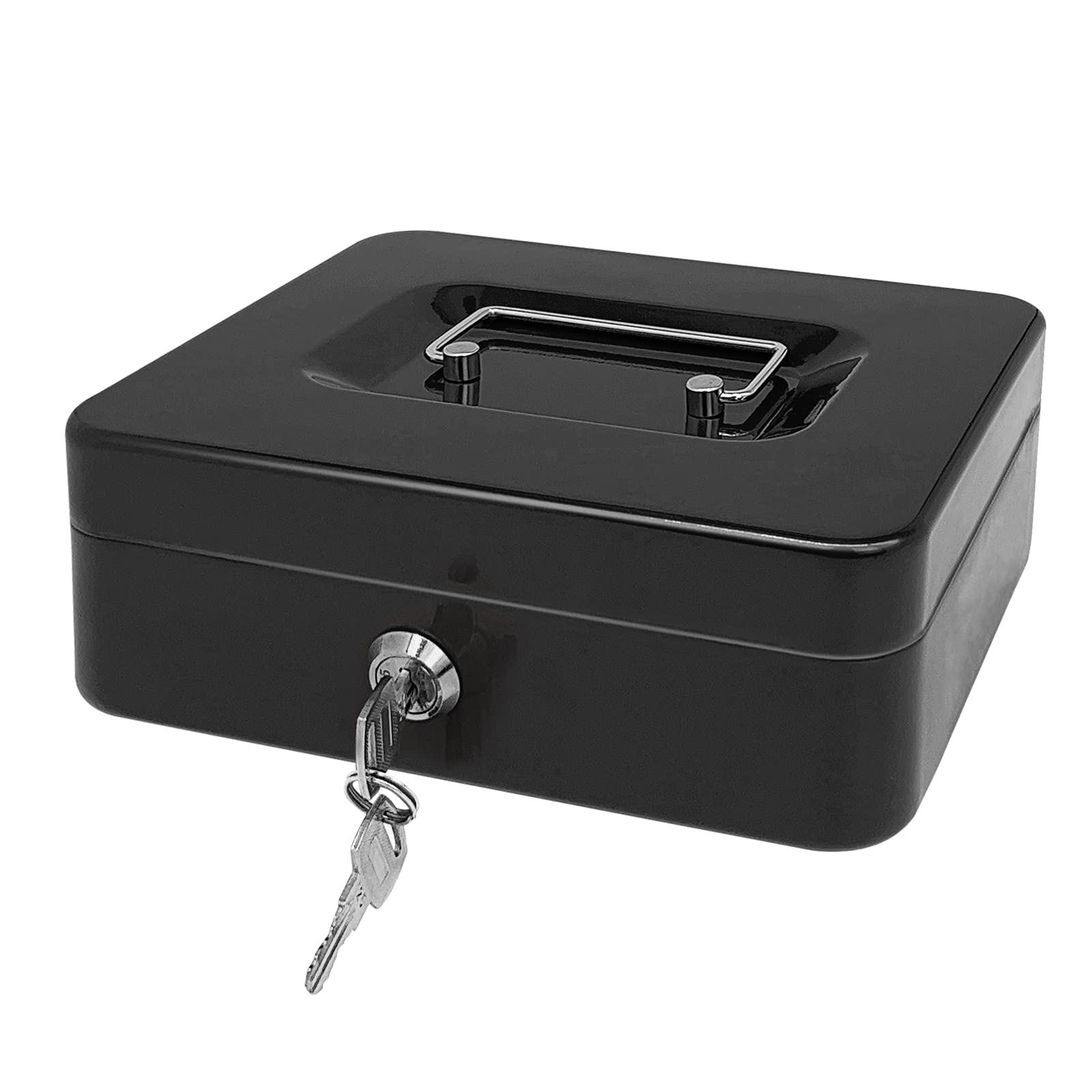 Steel Cash Box with Key Lock, Metal Small Money Organizer with Money Tray,Cash Storage Box with Lockable Cover (Black-25 * 20 * 8.5 CM)