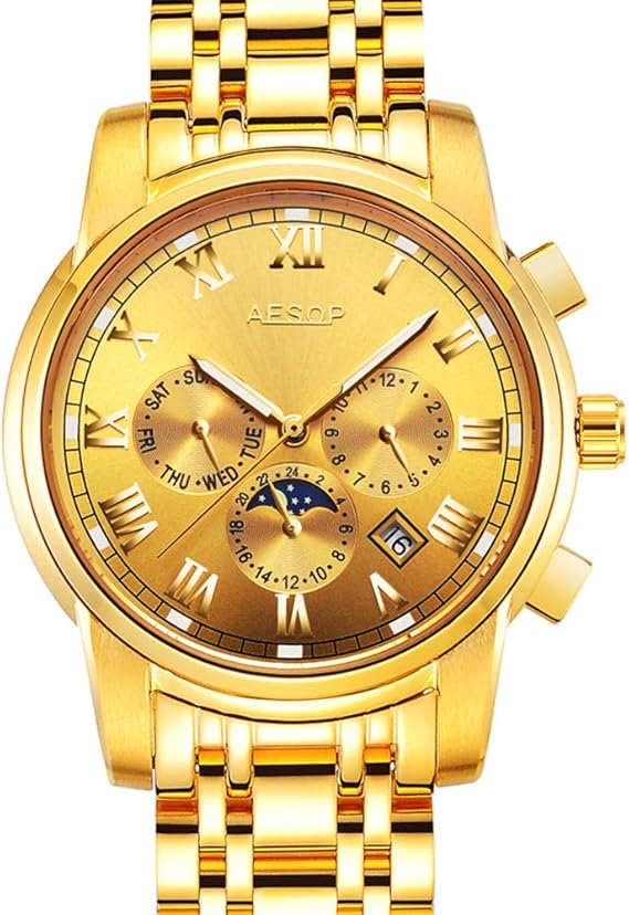 Amazon Aesop 腕時計 アナログ 自動巻き 機械式 ウォッチ メンズ 人気 ブランド ステンレススチール オス 時計 月相 夜光 防水 おしゃれ ユニークデザイン ゴールド メンズ腕時計 腕時計 通販