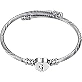 MiiFort Silver Heart Initial Letter A to Z Cuff Bangle Bracelets for Women Personalized Classic Art Alphabet Name Stainless Steel