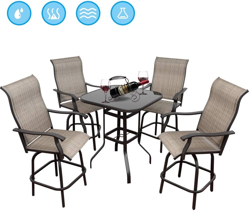 Amazon Com Big Lighting Deals 5 Pieces Outdoor Patio Furniture 360 Degree Swivel Patio Bar Set Bistro Table Set Dining Set With 4 Swivel Chairs And Glass Table Suitable For Garden Poolside Porch