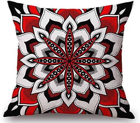 Cotton Linen Square Decorative Throw Pillow Case Cushion Cover European Bohemian Boho Style Bright Colors Geometric Flower Petals Leaf Print 18 "X18 " (Red)