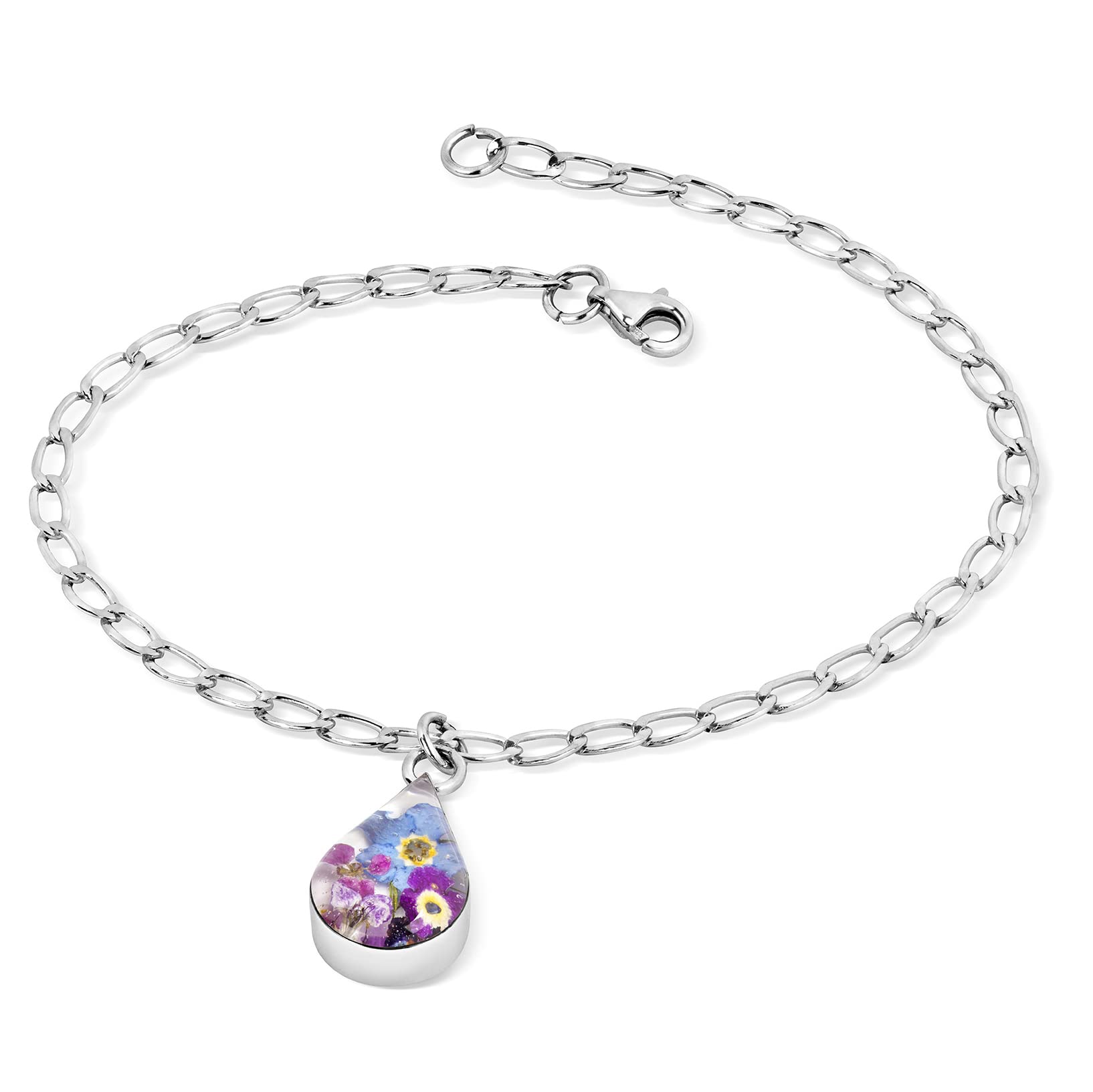Sterling Silver Flat Curb Chain Bracelet Made with Real Purple Minature Flowers