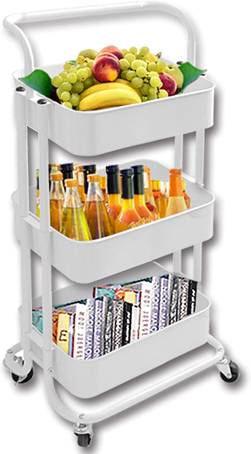 DOSURBAN 3 Tier Rolling Utility Cart with Wheels, Multifunctional Metal Storage Organizer Shelves with Mesh Baskets and Handle, Rolling Trolley Service Cart for Salon, Kitchen, Office, Bathroom: Kitchen & Dining