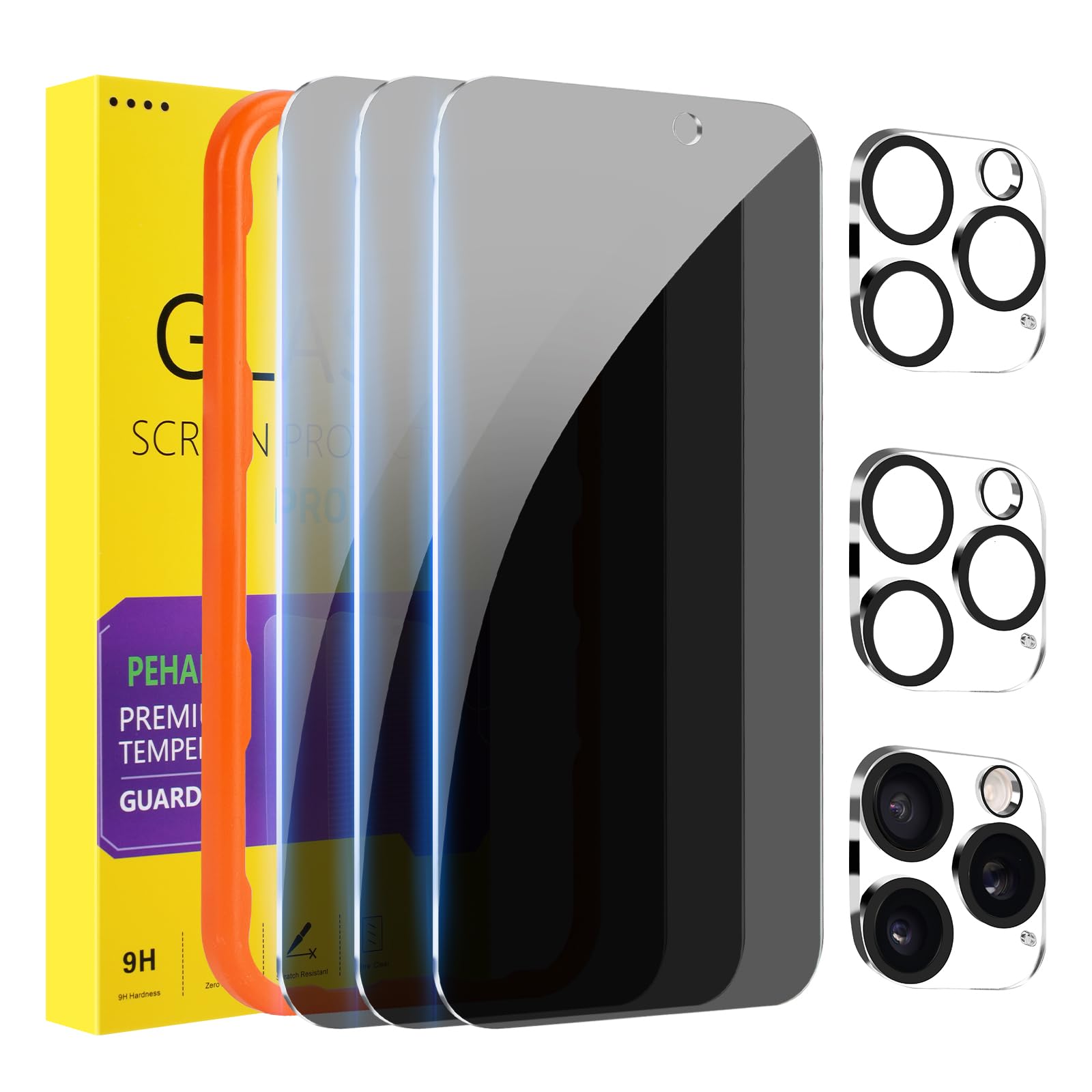 Photo 1 of PEHAEL 3+3Pack for iPhone 16 Pro Privacy Screen Protector with Camera Lens Protector Full Coverage Anti-Spy Tempered Glass Film 9H Hardness Easy Installation Bubble Free [6.3 inch]