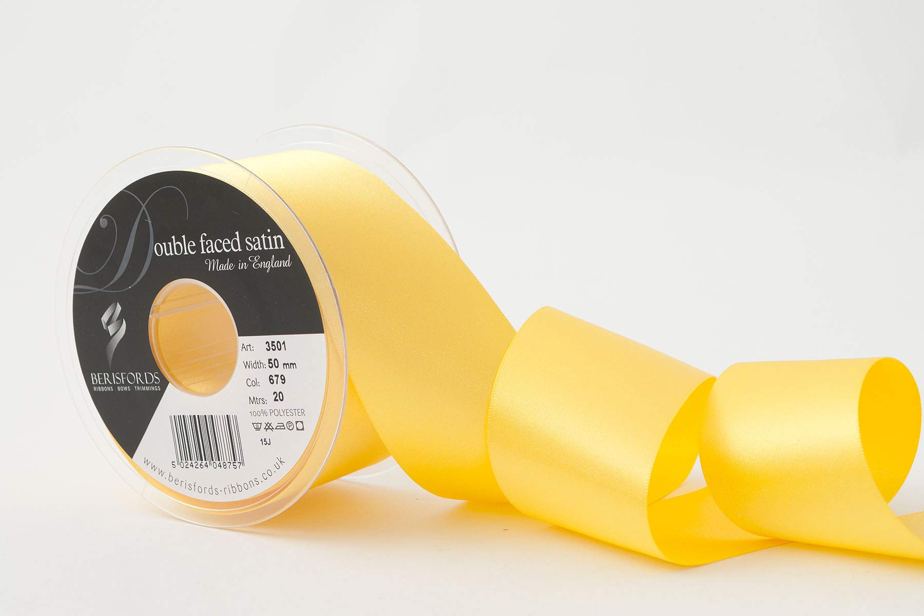 Berisfords Double FACE Poly Satin Ribbon, Yellow, 50 mm