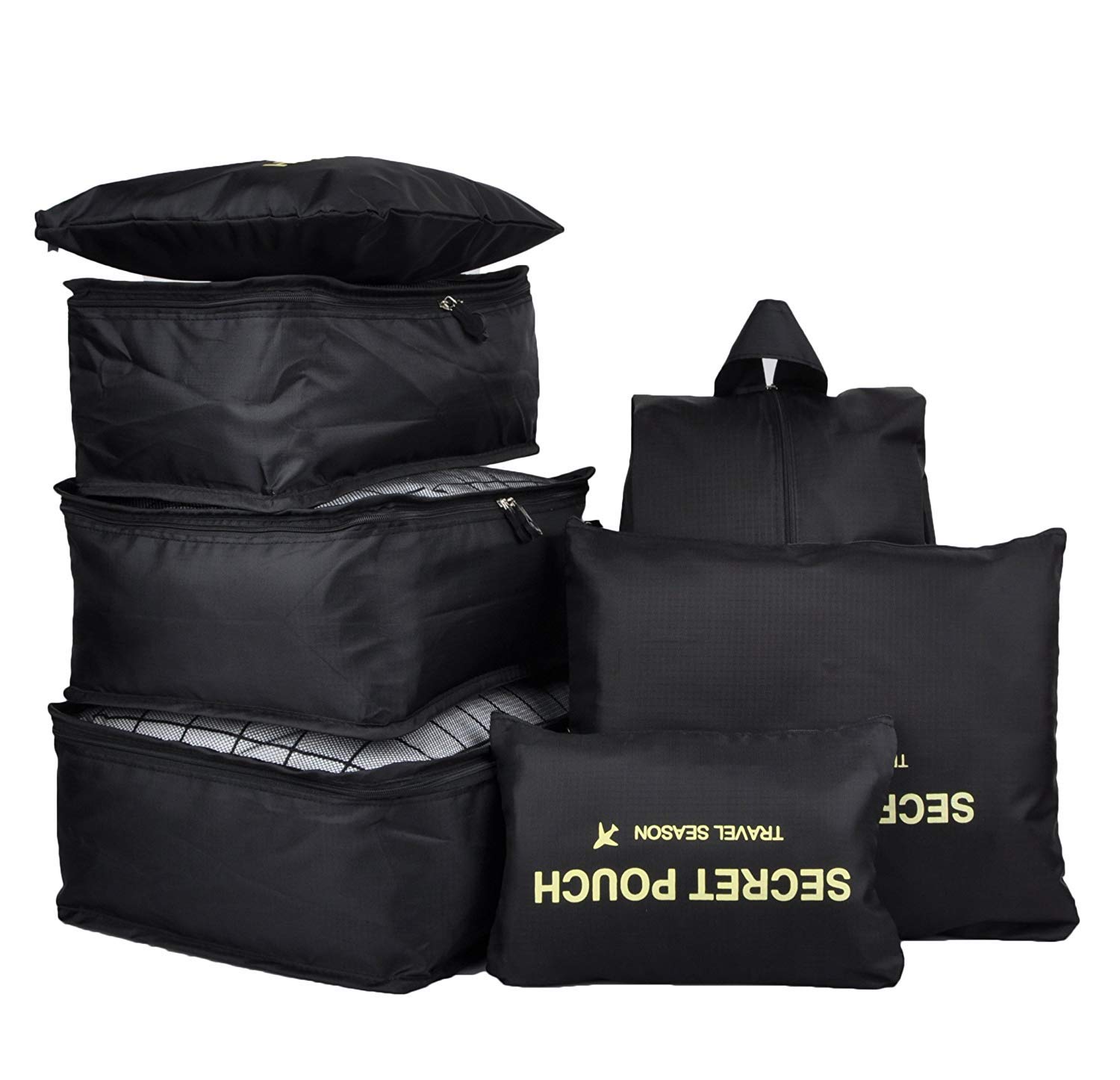 7PCS Luggage Organiser Set Compression Pouch Packing Cubes Travel Storage Bags Clothes Suitcase,Black