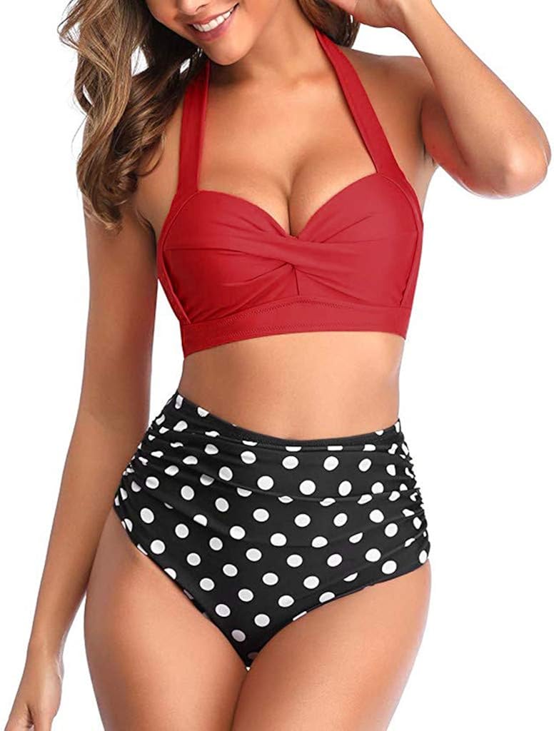 Women High Waisted Swimsuit Vintage Two Piece Retro Halter Ruched Bikini Swimwear EAZsyn8