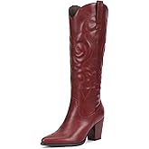 Pasuot Cowboy Boots for Women - Western Knee High Cowgirl Boots with Side Zipper, Retro Pointed Toe Tall Block Heel Pull On Long Boot Fall Winter Concert Burgundy Red Size 12