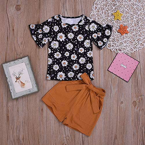 Toddler Baby Girl Sumflower Outfits Flare Sleeve Shirts Top + Bows Waistband Shorts Pants Summer Clothes Set (Sunflower, 1-2 Years)