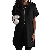 Dokotoo Womens Summer Oversized Shirts 2025 Short Sleeve Drawstring Hoodies Waffle Knit Side Slit Tunic Tops with Pocket