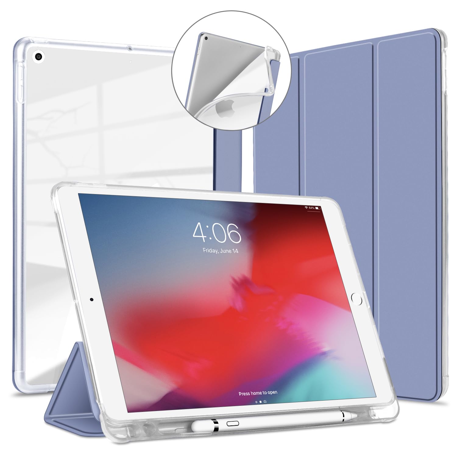 VAGHVEO Case for iPad 9th Generation 10.2 2021/ 8th Gen 2020/7th 10.2” 2019 with Pencil Holder, Flexible Stand Smart Cases [Auto Wake/Sleep], Soft TPU Back Cover Shell for iPad 10.2 Inch, Purple Grey — image 1