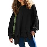 MAOECO Womens Long Sleeve Oversized Tshirts Flowy Peplum Top Loose Fit Tunics Tops to Wear With Leggings Workout Shirts Black S
