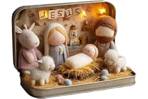 Miniature Nativity Doll Scene, Christmas Nativity Set in Tin Box, Handmade Nativitys Jesus Scene Doll Set with LED Light, Min