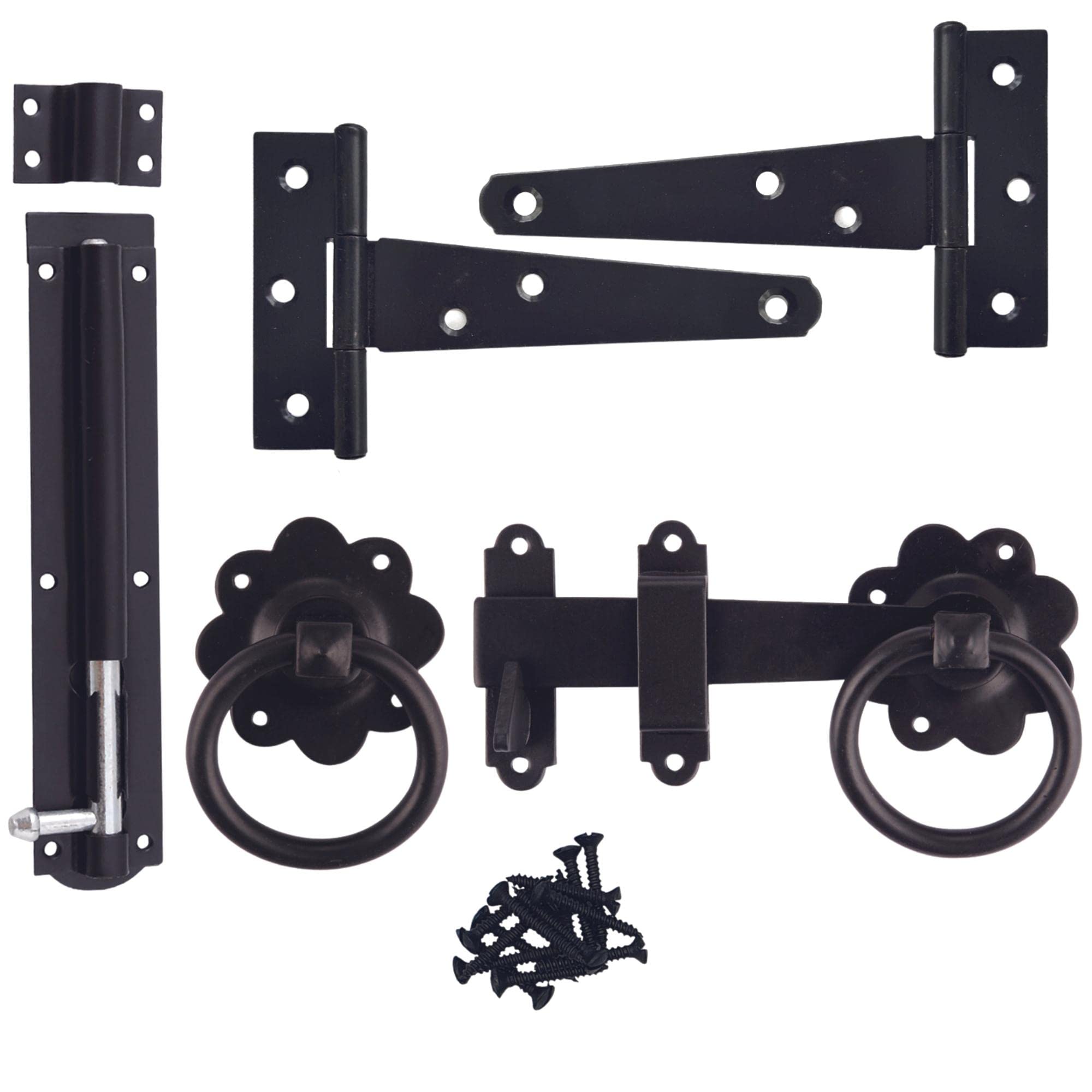 Keypak Shed Door Hardware Kit – Gate Latch, 2 Tee Hinges & Tower Bolt, Heavy Duty Complete Garden Gate Set