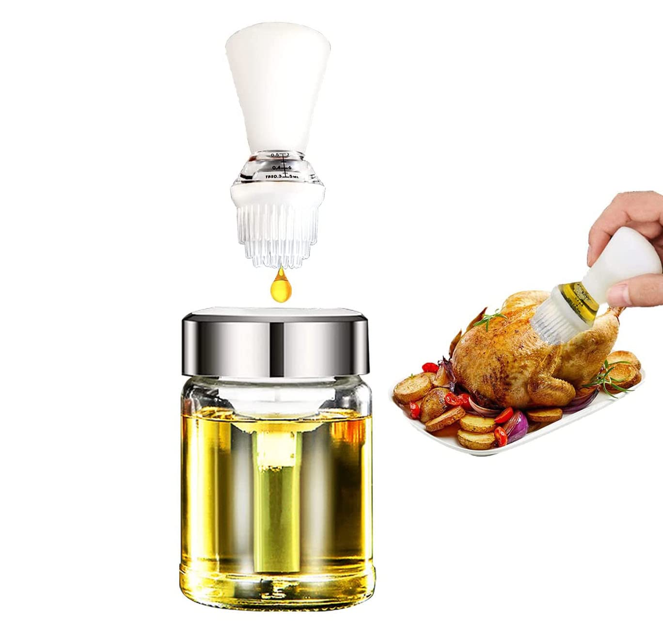 JasCherry Glass Oil Bottle with Silicone Brush 160 ml, Squeeze Type Oil Bottle BBQ Brush with Scale Lines, Oil Dispenser Bottle for Kitchen Cooking, BBQ, Baking, Marinating, Roasting, Grilling