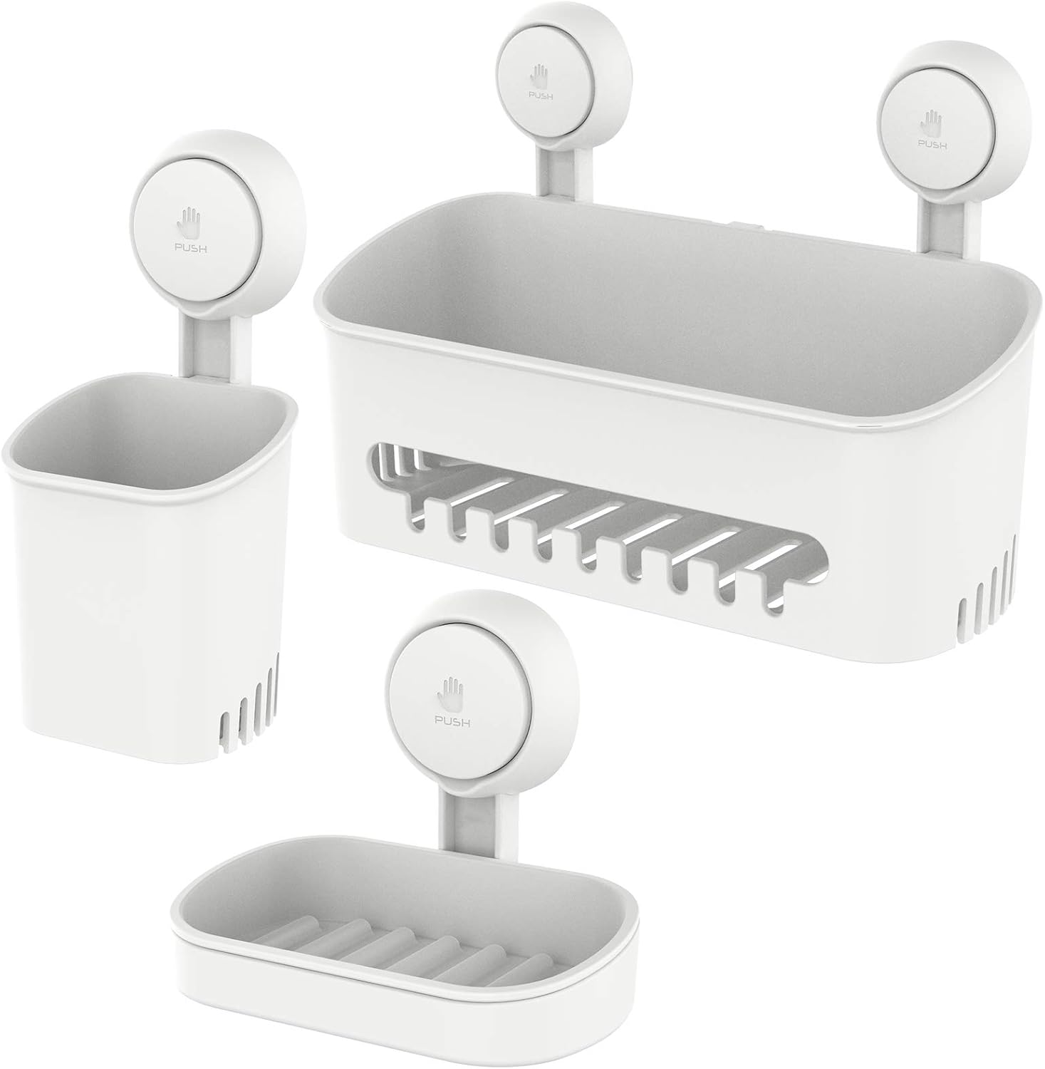 LEVERLOC Shower Caddy Suction Cup Set Bathroom Storage Shelf Suction Shower Caddy Storage No Drilling Shampoo Holder Removable Powerful Bathroom for Shampoo Toiletries Kitchen Accessories White
