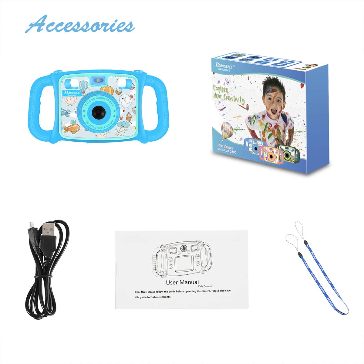 Prograce Kids Camera Dual Selfie Camera 1080P HD Video Recorder Digital Action Camera Camcorder for Boys Girls Gifts 2.0” LCD Screen with 4X Digital Zoom and Funny Game(Blue)