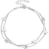 Stars Charm Bracelet for Women, Silver Stars Double Chain Bracelet Beaded Star Minimal Bracelets Celestial Ankle Bracelets Dainty Chain Simple Jewelry Gifts for Women Teens