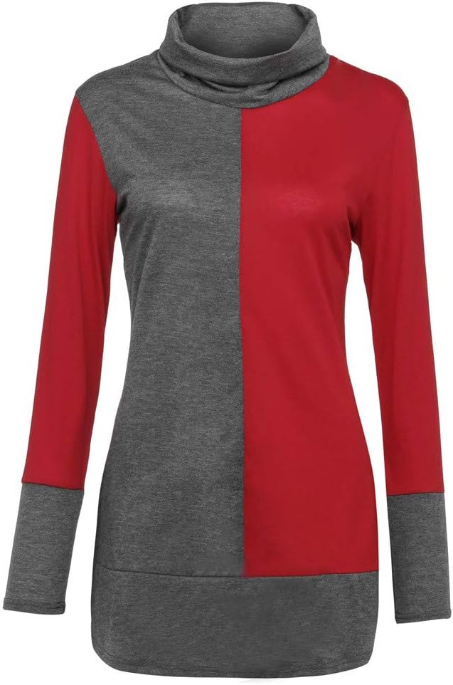 Women Cowl Neck Splicing Pullover Sweatshirt Long Sleeve Color Block Tunic Top Blouse