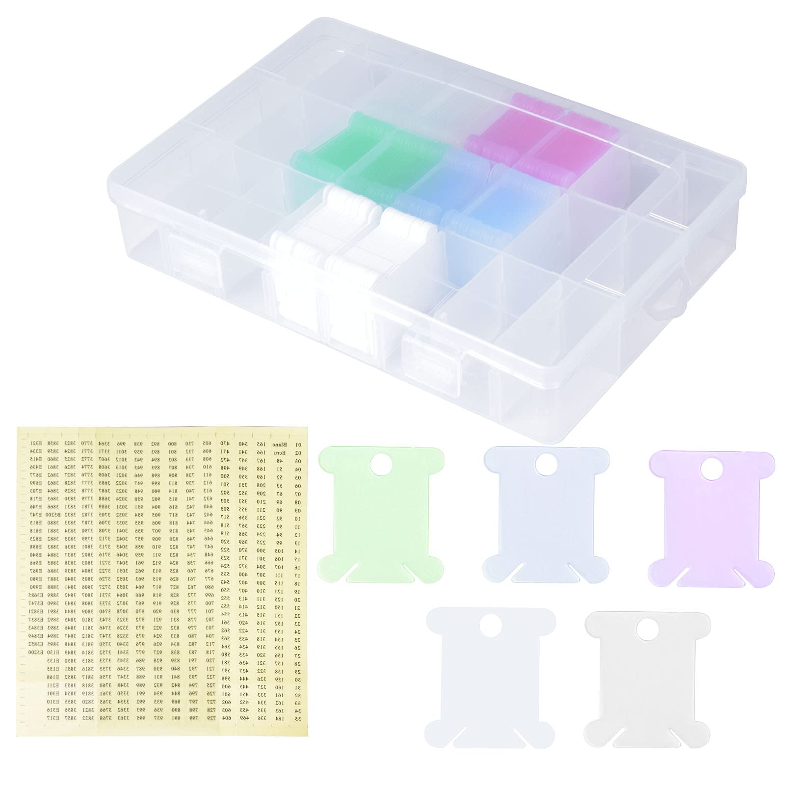 Pinsheng 24 Grids Embroidery Floss Cross Stitch Organizer Box Set,150Pcs White Plastic Floss Thread Bobbins182 Pcs Dots Blank Stickers for Craft DIY Sewing Storage.