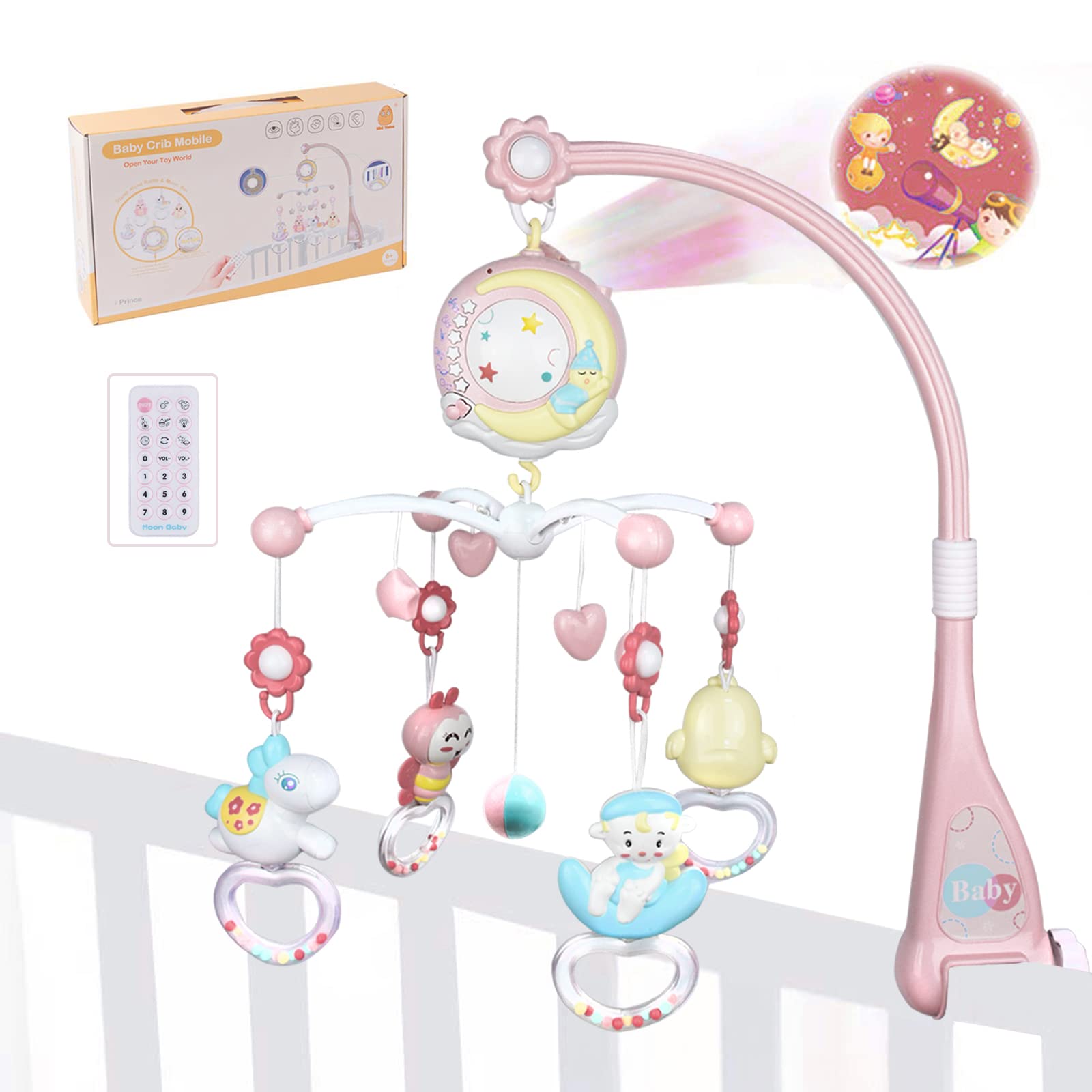 Cot Mobile for Babies, Baby Mobile for Crib, Aolkee 360°Rotating Baby Musical Cot with Lights, Hanging Rotating Rattles, Remote Control Music Box, Timing Function, Gift for Newborn Toddler