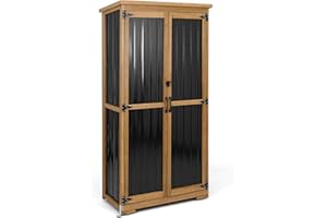 PETSCOSSET Outdoor Storage Cabinet, Wood & Metal Storage Shed with Weather-Resistant Roof, Removable Shelves, Lockable Doors, Outside Storage Tool Organizer for Garden, Patio, Backyard, Garage, Pool
