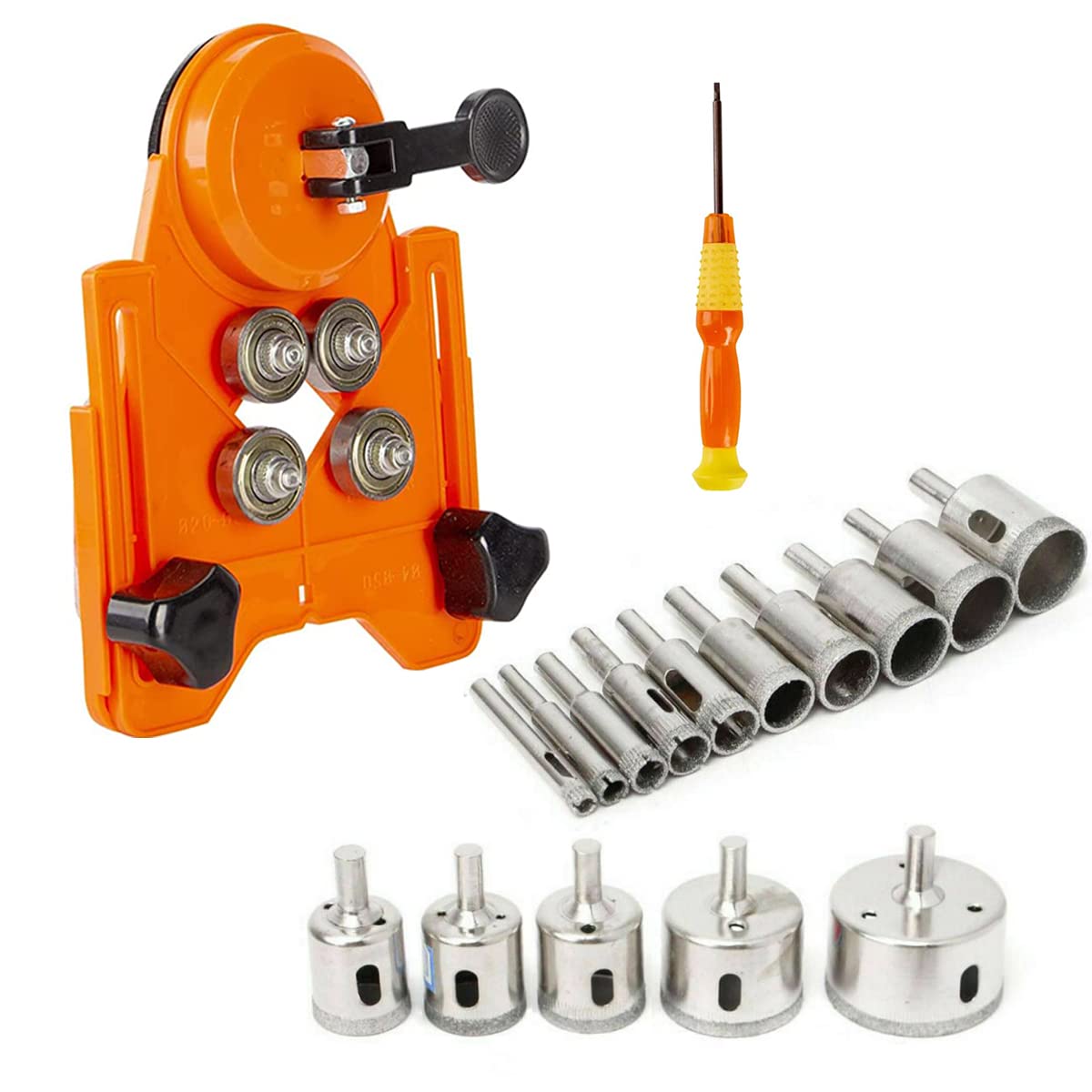 17Pcs Diamond Drill Bit Set, Including 15Pcs Diamond Bits 6-50mm, Adjustable Hole Saw Guide Jig Fixture for Glass, Porcelain, Ceramic, Marble, Tile, Granite