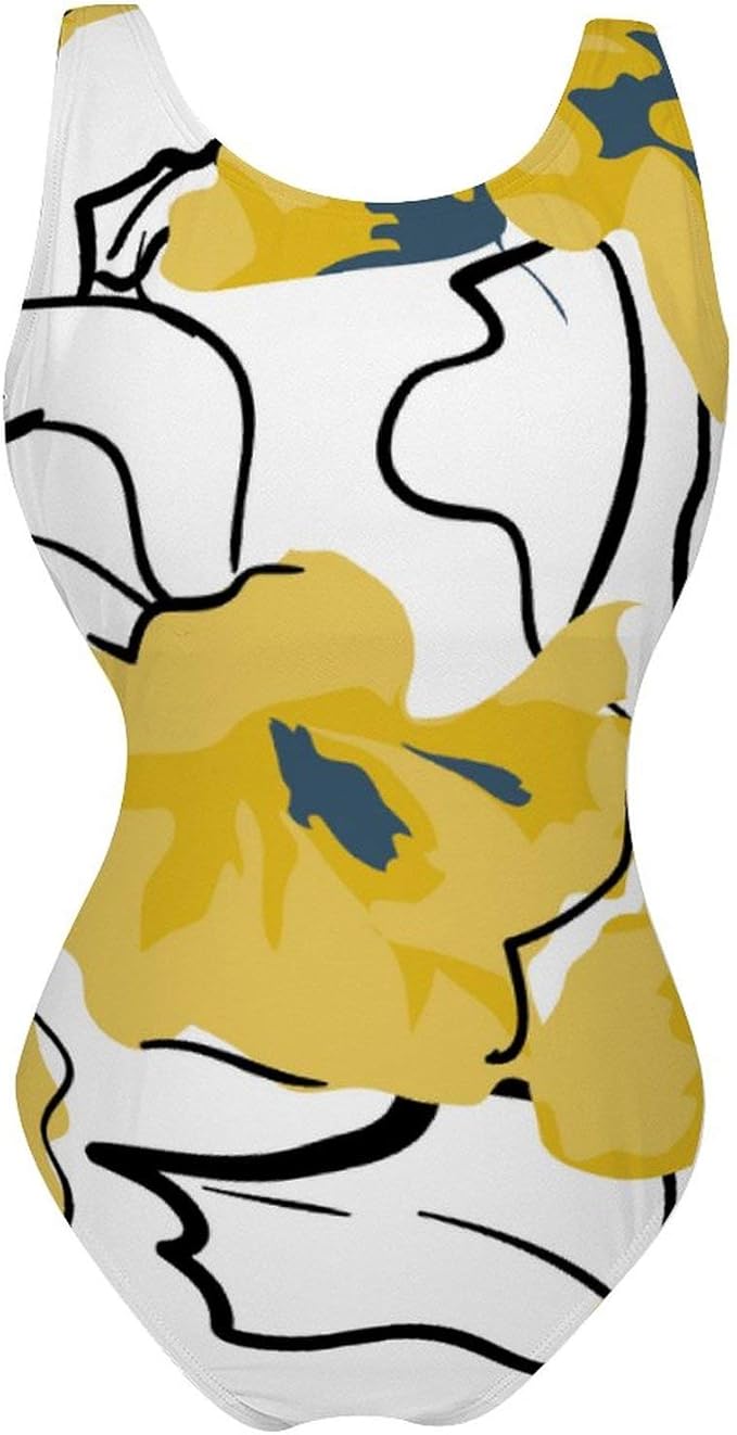 Women's Tummy Control One Piece Swimsuits Bathing Suits (Yellow Petal White) XL Amazon.co.uk