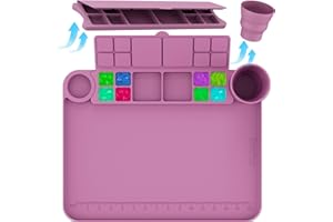 Svartur Silicone Painting Mat with Detachable Cup and Palette, 17"X13" Thick Craft Mat with Raised Edge for Artists & Kids, Purple