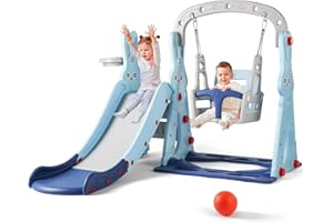 JOYLDIAS 4 in 1 Toddler Slide and Swing Set, Kids Slide and Swing Climber Toy Game Playset with Safety Belt, Basketball Hoop & Ball, Extra Long Indoor Outdoor Slide for Activity Playground