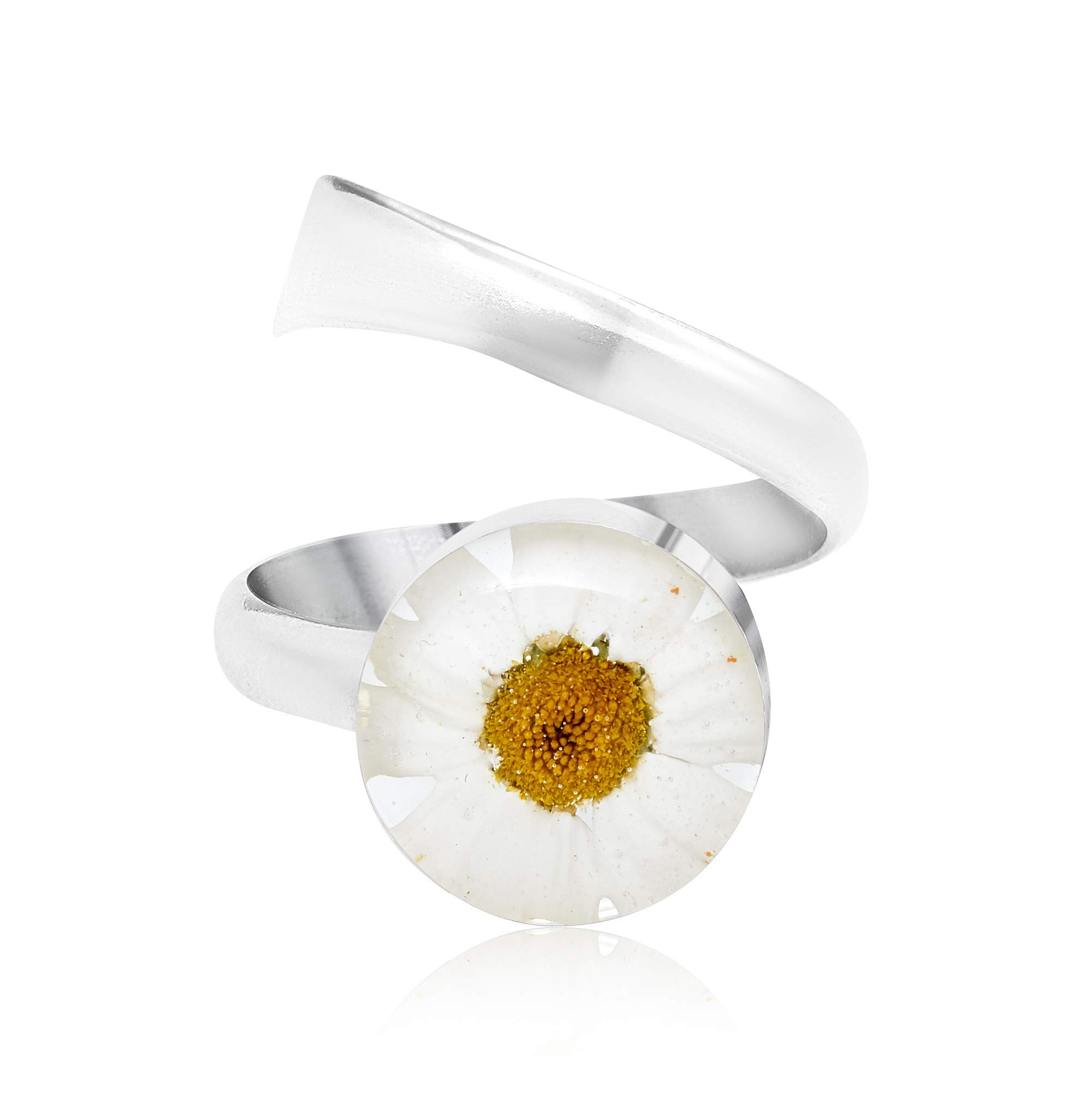 Shrieking Violet 925 Sterling Silver Round Real Flower Ring - Daisy (White)