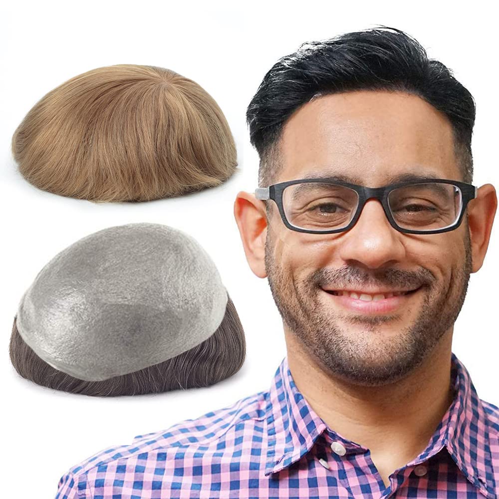 Lordhair Toupee for Men with 100% European human hair 8x10 inch Hairpiece for Men 0.06mm Super Thin Skin Hairsystem All V-looped Mens Toupee (Dark Blond Brown 18#) — image 1