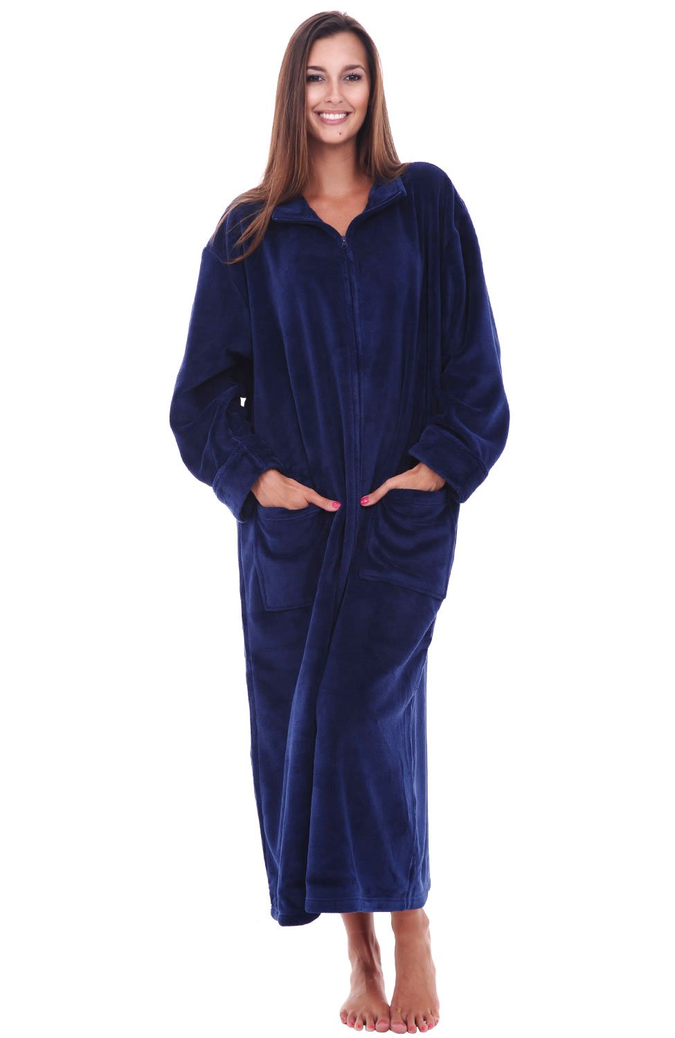 Womens Zip Up Fleece Robe Warm Loose Oversize Zipper Bathrobe