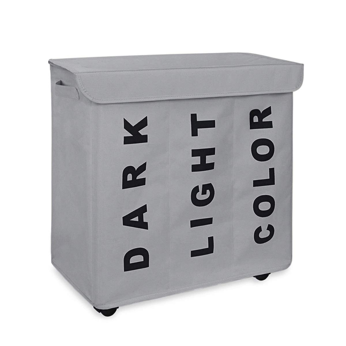 WOWLIVE 3 Section Laundry Hamper Lid Rolling Laundry Basket Wheels Laundry Sorter Removable Dividers Waterproof Durable Dirty Clothes Organizer Storage Bin (Gray)
