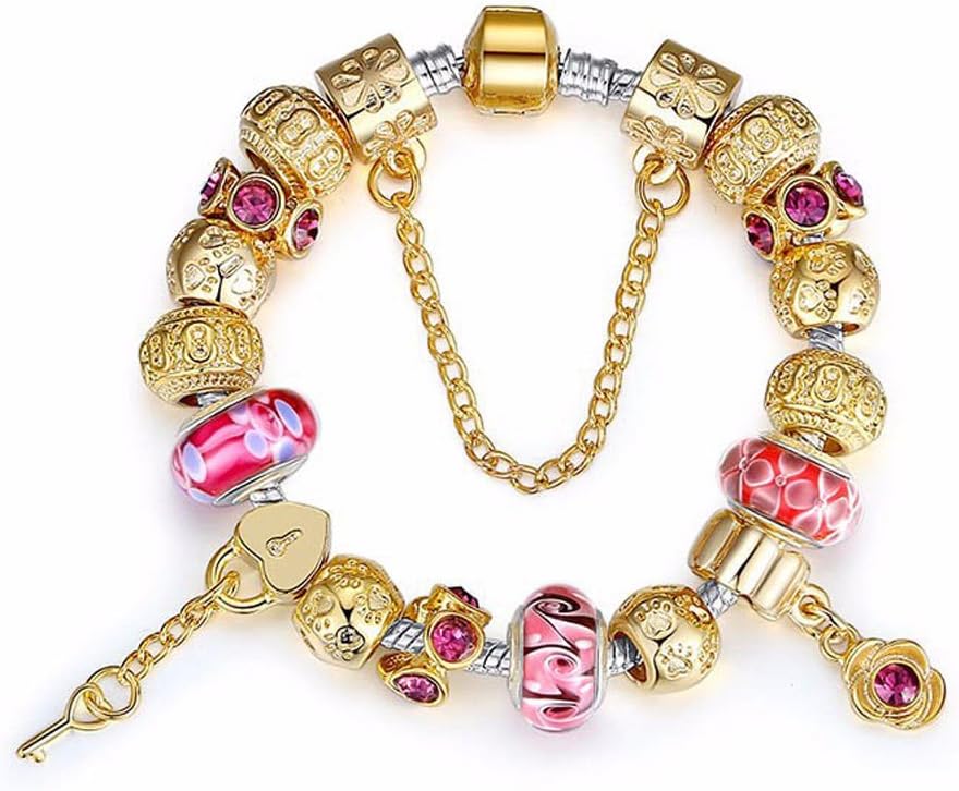 Authentic Gold Charm Fit Pandora Bracelet with Heart Safety Chain Silver Original Luxury Jewelry for Women (Gold Orange Purple) (Gold Purple Red)