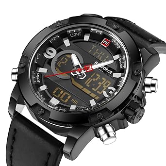 JSENL Mens Quartz Analog with Digital Eectronic Wrist Watch Men Leather Watches Mens Army Military Led Dual Time