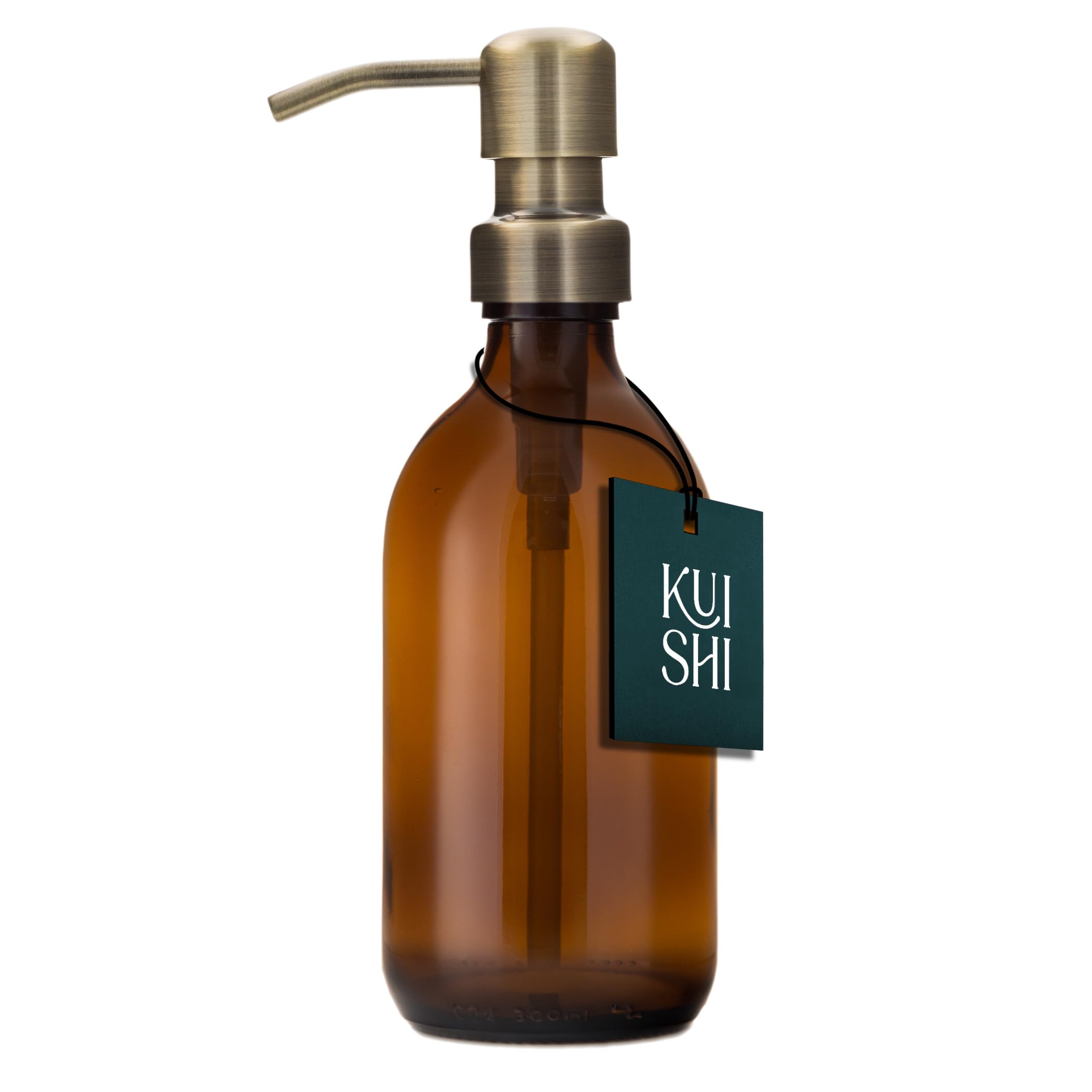 Kuishi Glass Soap Dispenser with Gold Stainless Steel Pump - 300ml Refillable BPA-Free Hand Soap Dispenser for Kitchen & Bathroom, Amber