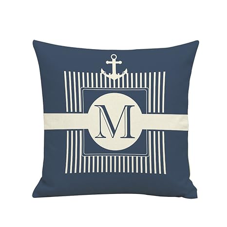 BIGBOBA Leinen Sofakissen-Bezug Brief M Muster Weicher Dekorativ Sofa Kissenbezug Blau Kissenhülle 45*45cm