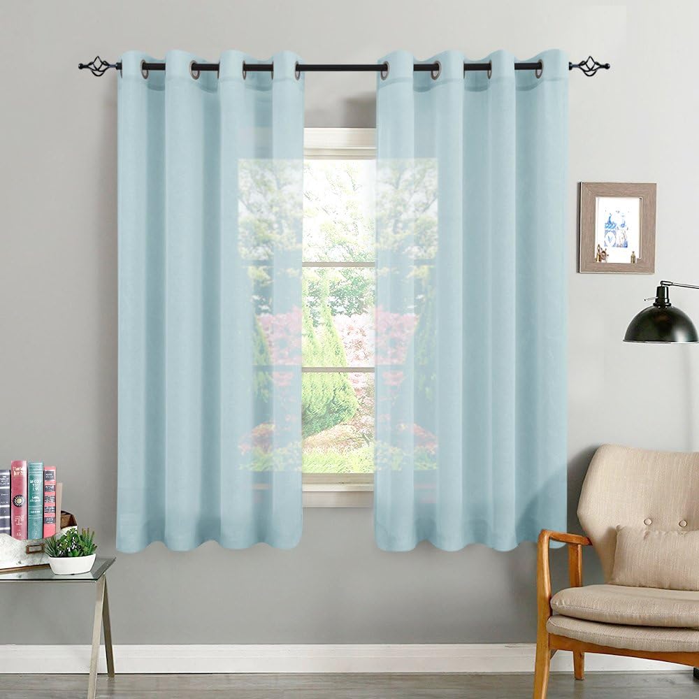 TOPICK Linen Like Sheer Curtains for Bedroom Eyelet Top Voile Sheer Curtain Panels for Living Room (2 panels, 55 by 57 Inch, Light Blue)