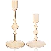 Tall Glass Taper Candle Holders 2 Set - Vintage Candlestick Holders for Taper Candles for Table Elegant Centerpiece Weddings Decor Christmas Events Holidays Dinner Party Amber