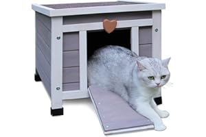 Deblue Weatherproof Cat House for Outdoor Cats, Wooden Small Pet House Outside, Feral Cat Shelter with Elevated Floor and Lockable Door - Grey