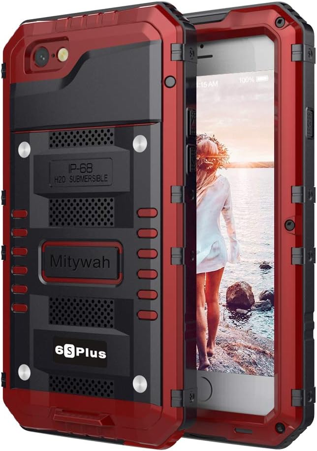 Mitywah Waterproof Case for iPhone 6 Plus, 6s Plus Heavy Duty Shockproof Case with Built-in Screen Protector, Full Body Underwater Protective Metal Case 5.5 inch, Red