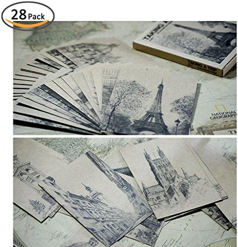 JX Hornet Sketch Illustration Postcard Set Of 28,European Black And White Sketch Architecture Kraft Paper Postcard,Go On A Trip
