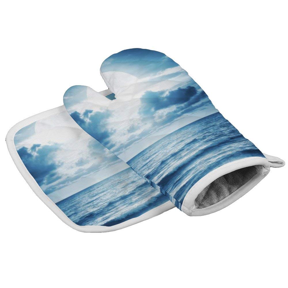Lmlfes Blue Sea View The Moon Landscape Durable Oven Gloves Heat Resistant Kitchen Insulated Gloves + Insulated Square mat Insulated Gloves Combination Blue Sea View The Moon Landscape